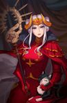  1girl animalization artist_name cape cat closed_mouth curtains double_bun edelgard_von_hresvelg fire_emblem fire_emblem:_three_houses gloves hair_over_one_eye headpiece holding holding_staff hubert_von_vestra indoors long_hair looking_at_viewer purple_eyes red_cape red_gloves shattered_earth sidelocks sitting staff white_hair 
