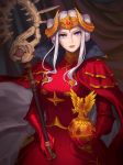  1girl artist_name cape closed_mouth curtains double_bun edelgard_von_hresvelg fire_emblem fire_emblem:_three_houses globus_cruciger gloves headpiece holding holding_staff indoors long_hair looking_at_viewer purple_eyes red_cape red_gloves shattered_earth sidelocks sitting solo staff white_hair 