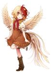  1girl animal animal_on_head bangs bird blonde_hair blush boots brown_dress brown_footwear chick commentary_request dress eyebrows_visible_through_hair feathered_wings full_body hair_between_eyes head_tilt highres kyouda_suzuka leg_up looking_at_viewer multicolored_hair niwatari_kutaka on_head parted_lips puffy_short_sleeves puffy_sleeves red_eyes red_hair red_neckwear shirt short_dress short_hair short_sleeves simple_background solo standing standing_on_one_leg tail_feathers touhou translation_request two-tone_hair white_background white_shirt wings yellow_wings 