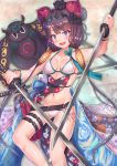  1girl :d arm_up bare_shoulders belt bikini blue_eyes bracelet breasts cocoasabure collarbone dual_wielding fate/grand_order fate_(series) floral_print goggles goggles_on_head hair_ornament halterneck highres holding holding_sword holding_weapon jewelry katana katsushika_hokusai_(swimsuit_saber)_(fate) leg_belt long_hair looking_at_viewer low_twintails lying medium_breasts navel octopus on_back open_mouth purple_hair shadow smile swimsuit sword tokitarou_(fate/grand_order) twintails very_long_hair weapon white_bikini wristband 
