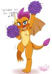  2019 absurd_res anthro blue_eyes blush cheerleader dragon fangs female flat_chested friendship_is_magic hi_res horn jeglegator my_little_pony nipples nude open_mouth pom_poms pussy scalie simple_background smolder_(mlp) solo wings 