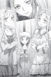  4girls abec asuna_(sao) blush cowboy_shot crossed_arms dress greyscale hair_intakes hands_clasped headband highres interlocked_fingers long_hair long_sleeves monochrome multiple_girls novel_illustration official_art open_mouth own_hands_together ronye_arabel shiny shiny_hair short_dress sortiliena_serlut standing sweatdrop sword_art_online v-shaped_eyebrows very_long_hair 