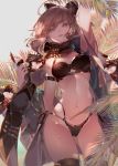  1girl ahoge arm_strap arm_up bare_shoulders bikini black_bikini black_bow bow breasts brown_eyes brown_hair commentary_request cowboy_shot fate/grand_order fate_(series) hair_bow hand_up haori highleg highleg_bikini japanese_clothes kawacy leaf looking_at_viewer medium_breasts navel oda_nobunaga_(fate) okita_souji_(swimsuit_assassin)_(fate) parted_lips scarf short_hair solo standing swimsuit thighhighs thighs water 