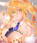  animal_ears artoria_pendragon_(all) artoria_pendragon_(lancer) bangs bare_shoulders between_breasts blonde_hair breasts bunny_ears bunnysuit card card_between_breasts cleavage colored_eyelashes crown detached_collar dice eyebrows_visible_through_hair eyelashes eyes_visible_through_hair fate/grand_order fate_(series) green_eyes grey_background hair_between_eyes highres huge_breasts leotard lips long_hair looking_at_viewer naganegi necktie parted_lips poker_chip shawl shiny shiny_hair sidelocks simple_background smile strapless strapless_leotard water_drop white_leotard wrist_cuffs 