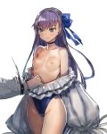  1boy 1girl assisted_exposure black_choker blue_eyes blue_ribbon blue_swimsuit blush bow_(bhp) breasts breasts_outside casual_one-piece_swimsuit choker closed_mouth collarbone cowboy_shot fate/grand_order fate_(series) frilled_swimsuit frills fujimaru_ritsuka_(male) groin hair_ribbon highleg highleg_swimsuit long_hair long_sleeves meltryllis meltryllis_(swimsuit_lancer)_(fate) motion_blur nipples one-piece_swimsuit out_of_frame puffy_long_sleeves puffy_sleeves pulled_by_another purple_hair ribbon simple_background sleeves_past_fingers sleeves_past_wrists small_breasts smile solo_focus swimsuit swimsuit_pull thighs topless very_long_hair white_background 