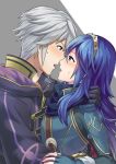  1boy 1girl a_meno0 black_gloves blue_eyes blue_gloves blue_hair brown_eyes couple eye_contact fingerless_gloves fire_emblem fire_emblem_awakening from_side gloves grey_background imminent_kiss long_hair looking_at_another lucina_(fire_emblem) open_mouth robin_(fire_emblem) robin_(fire_emblem)_(male) shiny shiny_hair silver_hair sweatdrop two-tone_background upper_body white_background 