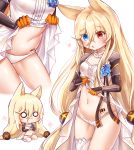  1girl absurdres animal_ears blonde_hair blue_eyes blush cat_ears chibi commentary_request dress dress_lift eyebrows_visible_through_hair g41_(girls_frontline) girls_frontline hair_between_eyes heterochromia highres honyang lifted_by_self long_hair multiple_views navel open_mouth panties red_eyes single_thighhigh sitting stomach thighhighs underwear very_long_hair white_background white_dress white_legwear white_panties 