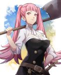  1girl absurdres axe bangs belt blunt_bangs breasts closed_mouth cravat fire_emblem fire_emblem:_three_houses highres hilda_valentine_goneril long_hair long_sleeves looking_at_viewer open_mouth pink_eyes pink_hair pretty-purin720 simple_background smile solo thighhighs twintails uniform 
