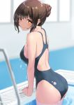 1girl ass black_swimsuit brown_eyes brown_hair commentary_request competition_swimsuit cowboy_shot disconnected_mouth from_behind hair_bun indoors jonsun long_hair looking_at_viewer one-piece_swimsuit original pool_ladder poolside smile solo swimsuit wet window 