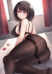  1girl absurdres ass bangs bare_shoulders bed black_bra black_hair black_legwear blush bra breasts commentary_request condom_wrapper date_a_live eyebrows_visible_through_hair from_behind highres huge_breasts large_breasts long_hair looking_at_viewer lying pantyhose red_eyes solo tokisaki_kurumi underwear window yellow_eyes zhi_jiyang 