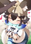  2girls :t ^_^ african_wild_dog_(kemono_friends) animal_ear_fluff animal_ears bangs black_gloves black_hair blue_pants blurry blurry_background blush brown_bear_(kemono_friends) brown_hair closed_eyes closed_mouth commentary_request depth_of_field dog_ears dog_girl dog_tail elbow_gloves eyebrows_visible_through_hair fingerless_gloves gloves hair_between_eyes heart highres hug kemono_friends long_sleeves lucky_beast_(kemono_friends) makuran multicolored_hair multiple_girls out_of_frame pants petting robot shirt short_over_long_sleeves short_sleeves tail two-tone_hair white_shirt 