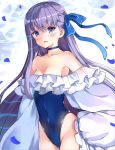  1girl :d bangs bare_shoulders blue_bow blue_choker blue_eyes blue_swimsuit blush bow breasts choker cleavage collarbone commentary_request covered_navel eyebrows_visible_through_hair fate/grand_order fate_(series) frilled_swimsuit frills groin hair_between_eyes hair_bow hand_on_hip highleg highleg_swimsuit highres long_hair long_sleeves medium_breasts meltryllis meltryllis_(swimsuit_lancer)_(fate) open_mouth petals pilokey puffy_long_sleeves puffy_sleeves purple_eyes sidelocks sleeves_past_fingers sleeves_past_wrists smile solo strapless strapless_swimsuit swimsuit very_long_hair water 