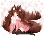  1girl :3 animal_ear_fluff animal_ears artist_name bangs black_bow black_legwear blush bow bow_legwear breasts brown_hair collarbone commentary commission deviantart_logo english_commentary eyebrows_visible_through_hair floral_print fox_ears fox_tail green_eyes highres instagram_logo jacket kyuubi large_breasts long_hair long_sleeves looking_at_viewer multiple_tails off-shoulder_jacket open_clothes open_jacket original pink_jacket pink_skirt puppypaww shirt skirt solo striped striped_legwear tail thighhighs twintails twitter_logo white_shirt 