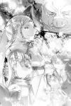  1girl abec braid cape closed_eyes closed_mouth crying greyscale hands_on_hilt highres lenjuu_(sao) lilpilin_(sao) long_sleeves monochrome multiple_boys novel_illustration official_art orc smile standing sword sword_art_online weapon 