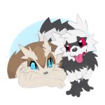  1:1 ambiguous_gender anthro black_fur blue_eyes brown_fur duo elpatrixf eyelashes female fur galarian_zigzagoon grey_fur linoone lying mammal multicolored_fur nintendo on_front open_mouth pok&eacute;mon pok&eacute;mon_(species) procyonid red_eyes regional_variant sharp_teeth simple_background smile tan_fur teeth tongue tongue_out two_tone_fur video_games white_background white_fur 