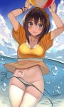  1girl air_bubble arms_up ball beachball bikini black_bikini blue_eyes blue_sky blush breasts brown_hair bubble cleavage cloud cloudy_sky collarbone day groin kureha_(ironika) large_breasts long_hair looking_at_viewer navel orange_shirt original outdoors parted_lips partially_submerged partially_underwater_shot shirt short_sleeves side-tie_bikini sky smile solo swimsuit tsubasa_(kureha) untied untied_bikini water 