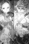  1boy 1girl abec bangs breasts bruise closed_eyes cowboy_shot dress floating_hair greyscale grin headband highres holding holding_sword holding_weapon injury iskahn_(sao) long_hair looking_at_viewer midriff monochrome navel novel_illustration official_art parted_bangs ponytail rapier sheyta_(sao) small_breasts smile split_screen stance standing stomach sword sword_art_online torn_clothes torn_dress weapon 