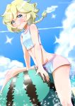  1girl ball beachball bikini bikini_shorts blonde_hair blue_eyes blush braid breasts closed_mouth cloud collarbone elfnein eyebrows_visible_through_hair groin hamaeru highres looking_at_viewer looking_down navel ocean senki_zesshou_symphogear shiny shiny_clothes shiny_hair shiny_skin short_hair shorts sky small_breasts smile solo swimsuit swimwear wet 