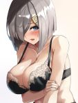  1girl bad_id black_bra blue_eyes blush bra breasts cleavage collarbone eyebrows_visible_through_hair hair_ornament hair_over_one_eye hairclip hamakaze_(kantai_collection) holding_arm kantai_collection large_breasts leaning_forward lingerie looking_at_viewer open_mouth short_hair silver_hair solo sweatdrop underwear underwear_only yashiro_(silver_will) 