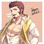  1boy alternate_costume beard blue_eyes brown_hair bursting_pecs chest facial_hair fate/grand_order fate_(series) fgo_moyashi hat long_sleeves looking_at_viewer male_focus muscle napoleon_bonaparte_(fate/grand_order) pectorals scar scarf smirk upper_body white_background 