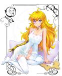  1girl absurdres animal_print bangs bare_arms bare_shoulders bell bell_choker blonde_hair breasts cat_print choker cleavage collarbone commentary_request gauntlets highres iesupa large_breasts long_hair looking_at_viewer nightgown panties pillow rwby sitting solo thighhighs underwear white_choker white_legwear white_nightgown white_panties yang_xiao_long 