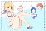  1boy 1girl ahoge aizawa85 artoria_pendragon_(all) bangs bare_shoulders bikini blonde_hair blue_background blue_bow blue_footwear blush bow bowl braid brown_hair closed_mouth commentary_request emiya_shirou eyebrows_visible_through_hair fate/stay_night fate_(series) frilled_bikini frills green_eyes hair_between_eyes hair_bow highres holding holding_bowl holding_spoon knees_up saber sandals shaved_ice side-tie_bikini sidelocks smile sparkle spoon swimsuit thumbs_up two-tone_background v-shaped_eyebrows white_background white_bikini |_| 