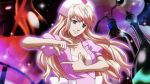  1girl blonde_hair blue_eyes bow breasts cleavage closed_mouth floating_hair hat index_finger_raised long_hair looking_at_viewer macross macross_frontier medium_breasts novel_illustration nurse_cap official_art pink_shirt sheryl_nome shirt short_sleeves smile solo sparkle upper_body very_long_hair white_bow 