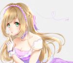  1girl ayase_aya bangs blonde_hair bow breasts character_request choker cleavage collarbone diadem eyebrows_visible_through_hair floating_hair gloves green_eyes grey_background heart idolmaster idolmaster_cinderella_girls index_finger_raised long_hair medium_breasts open_mouth purple_bow shiny shiny_hair simple_background sleeves solo strapless upper_body very_long_hair white_gloves 
