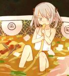  1girl bangs black_ribbon blush camisole collarbone copyright_request eating eyebrows_visible_through_hair flat_chest food highres in_bowl in_container in_food noodles ramen ribbon sitting twintails zakone 