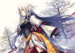  1girl applekun black_gloves black_legwear blurry blurry_background bustier capelet dutch_angle fate/grand_order fate_(series) floating_hair from_below gloves hair_between_eyes hair_ornament holding japanese_clothes kimono long_hair long_sleeves nagao_kagetora_(fate) outdoors outstretched_arms outstretched_hand red_ribbon ribbon silver_hair solo standing thighhighs very_long_hair white_capelet white_kimono yellow_eyes 
