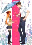  1boy 1girl belt black_bow black_footwear black_legwear black_skirt blue_umbrella bow brown_footwear brown_hair cover cover_page eye_contact gekkan_shoujo_nozaki-kun hair_bow hand_on_hip hands_together hashimoto_(yanagi-momo) hetero holding holding_umbrella long_hair looking_at_another necktie nozaki_umetarou orange_hair pants penny_loafers polka_dot polka_dot_bow profile red_bow red_neckwear sakura_chiyo school_uniform shirt short_sleeves simple_background skirt smile standing thighhighs umbrella water_drop white_shirt yellow_sweater_vest 