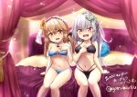  2girls alternate_costume bedroom bikini black_bikini blush breasts brown_eyes brown_hair cheese_(cheese_koubou) eyebrows_visible_through_hair facial_scar flower gangut_(kantai_collection) gradient_bikini grey_hair hair_between_eyes hair_flower hair_ornament hairclip kantai_collection long_hair looking_at_viewer low_twintails medium_breasts multiple_girls navel on_bed open_mouth orange_eyes red_eyes scar scar_on_cheek sitting sitting_on_bed smile swimsuit tashkent_(kantai_collection) twintails twitter_username wavy_mouth 