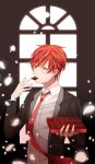  1boy absurdres aoi_sobi black_jacket box_of_chocolates chocolate eating food gekkan_shoujo_nozaki-kun hand_up highres indoors jacket long_sleeves looking_at_viewer male_focus mikoshiba_mikoto mouth_hold red_eyes red_hair rouman_academy_uniform shirt simple_background solo standing sweets upper_body white_shirt window 