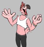  anthro avian beak bird clothed clothing eyes_closed eyewear flamingo glasses male open_mouth ritts shirt simple_background solo tank_top topwear wristband 