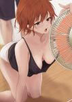  1girl akito_(d30n26) bent_over breasts brown_eyes commentary_request downblouse electric_fan highres hot indoors kneeling large_breasts no_bra off_shoulder open_mouth orange_hair original short_hair shorts solo_focus sweat tank_top 
