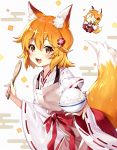  1girl animal_ear_fluff animal_ears blonde_hair blush commentary_request eyebrows_visible_through_hair fang flower fox_ears fox_tail hair_between_eyes hair_flower hair_ornament highres japanese_clothes looking_at_viewer miko open_mouth rei_(kinokotype) ribbon_trim senko_(sewayaki_kitsune_no_senko-san) sewayaki_kitsune_no_senko-san smile solo tail 