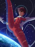  1boy abs areolae ass_visible_through_thighs bara black_hair bodysuit bulge chest clenched_teeth highres kanata_hoshijima kanata_no_astra looking_at_viewer male_focus momota_kou nipple_slip nipples planet short_hair skin_tight sky solo space spacesuit spread_legs star_(sky) starry_sky teeth torn_bodysuit torn_clothes yellow_eyes 