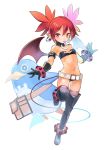  1girl bare_shoulders belt black_choker black_gloves black_legwear bracelet choker demon_tail demon_wings disgaea earrings etna fanny_pack flat_chest full_body gloves highres jewelry makai_senki_disgaea navel pointy_ears prinny red_eyes red_hair short_hair skull_earrings soraao_(aokabi) standing standing_on_one_leg tail thighhighs tongue tongue_out twintails wings 