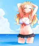  1girl absurdres alternate_hairstyle armpits arms_behind_head arms_up ass_visible_through_thighs bikini bikini_skirt blonde_hair blue_sky boku_no_hero_academia breasts closed_eyes closed_mouth cloud day groin hair_pulled_back halterneck hand_in_hair highres horizon huge_filesize jipponwazaari legs_apart light_smile long_hair medium_breasts messy_hair microskirt navel outdoors pleated_skirt shadow skirt sky solo standing swimsuit toga_himiko wading water wet white_bikini 