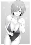  1girl breasts bright_pupils cleavage closed_mouth commentary_request covered_nipples cowboy_shot eyebrows_behind_hair fate/grand_order fate_(series) greyscale hair_over_one_eye halterneck hand_on_own_chest highres large_breasts lips mash_kyrielight monochrome one-piece_swimsuit outside_border short_hair simple_background skindentation smile solo swimsuit thigh_gap zonda_(solid_air) 
