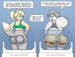  absurd_res anthro big_butt burger butt canid canine canis cinnamon_bun coyote dialogue duo female food hi_res lordstormcaller mammal rodent sciurid 
