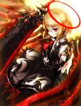  1girl ascot black_skirt black_vest blonde_hair blouse closed_mouth commentary_request ex-rumia eyebrows_visible_through_hair hair_between_eyes halo highres holding holding_sword holding_weapon long_sleeves looking_at_viewer necktie red_eyes red_neckwear rumia shirt short_hair skirt solo spark621 sword touhou vest weapon white_blouse white_shirt wings 