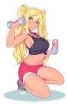  1girl blonde_hair breasts cleavage danberu_nan_kiro_moteru? dark_skin dumbbell exercise fiodo food food_in_mouth full_body green_eyes hair_between_eyes highres large_breasts long_hair midriff mouth_hold navel pocky sakura_hibiki_(danberu_nan_kiro_moteru?) shirt short_shorts shorts sidelocks solo squatting sweat tank_top tied_shirt twintails weibo_username 