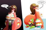  anthro anthro_on_anthro big_breasts big_butt blush breasts butt clothing costume dialogue dragon duo easter english_text facesitting female hi_res holidays jamearts jimmy_(jamearts) larger_female lizard male male/female miss_l reptile scalie size_difference speech_bubble text 