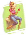  2019 absurd_res anthro apple applejack_(mlp) bottomwear clothing earth_pony equid equine female food freckles friendship_is_magic fruit hi_res holivi horse lipstick makeup mammal my_little_pony pants plant pony solo unguligrade_anthro 