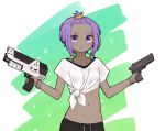  &gt;:) 1girl black_pants blush closed_mouth collarbone dark_skin drawstring dual_wielding fate/prototype fate/prototype:_fragments_of_blue_and_silver fate_(series) forehead gun hair_ornament hair_scrunchie hassan_of_serenity_(fate) holding holding_gun holding_weapon i.u.y midriff navel orange_scrunchie pants purple_eyes purple_hair scrunchie shirt short_sleeves smile solo star tied_shirt v-shaped_eyebrows weapon weapon_request white_shirt 