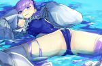  1girl armpits blue_eyes blue_ribbon blush cameltoe detached_sleeves fate/grand_order fate_(series) frills hair_ribbon highres hiraya_n long_hair lying meltryllis on_back one-piece_swimsuit open_mouth partially_submerged prosthesis prosthetic_leg purple_hair ribbon solo swimsuit very_long_hair water wet 