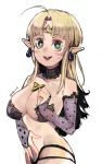  1girl ahoge bangs blonde_hair blush breasts choker cleavage detached_sleeves ear facial_mark forehead_mark green_eyes highres lace lace-trimmed_sleeves lace_choker looking_at_viewer medium_breasts panties parted_bangs pasties pointy_ears princess_zelda sho-n-d short_eyebrows smile solo standing the_legend_of_zelda triforce twitter_username underwear white_background 