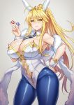  1girl ahoge artoria_pendragon_(all) artoria_pendragon_(lancer) blonde_hair blue_legwear breasts bright_pupils cleavage closed_mouth covered_nipples cowboy_shot crown fate/grand_order fate_(series) fishnet_pantyhose fishnets green_eyes grey_background hair_between_eyes hand_on_hip highres huge_breasts leotard light_smile long_hair looking_at_viewer navel necktie pantyhose poker_chip ponytail sidelocks simple_background solo thighs very_long_hair wrist_cuffs zhen_lu 