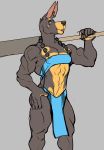  anthro breasts canid canine canis clothed clothing dobermann domestic_dog female loincloth looking_at_viewer mammal muscular muscular_female pinscher ritts simple_background small_breasts solo standing 